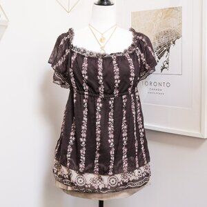 Sheer Fairycore Plum Floral Short Sleeve Babydoll Blouse 🍇 JAPANESE BRAND